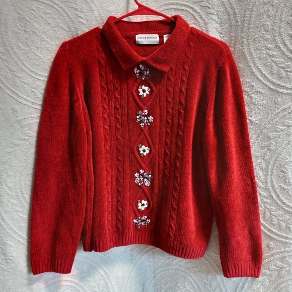Red Alfred Dunner Cable Knit Chenille Sweater Floral Embroidery Size PXL (T-341) - Picture 2 of 12